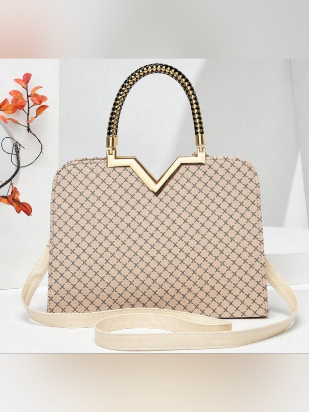 NWOT Elegant Cross-Body Satchel with Gold V Accent and Braided Handle, Medium
